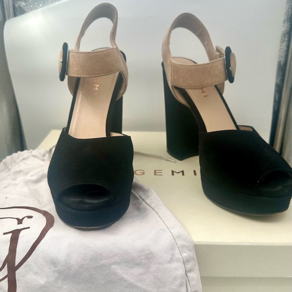 M. Gemi Suede Black and Tan 4” Platform Heels - Picture 4 of 6